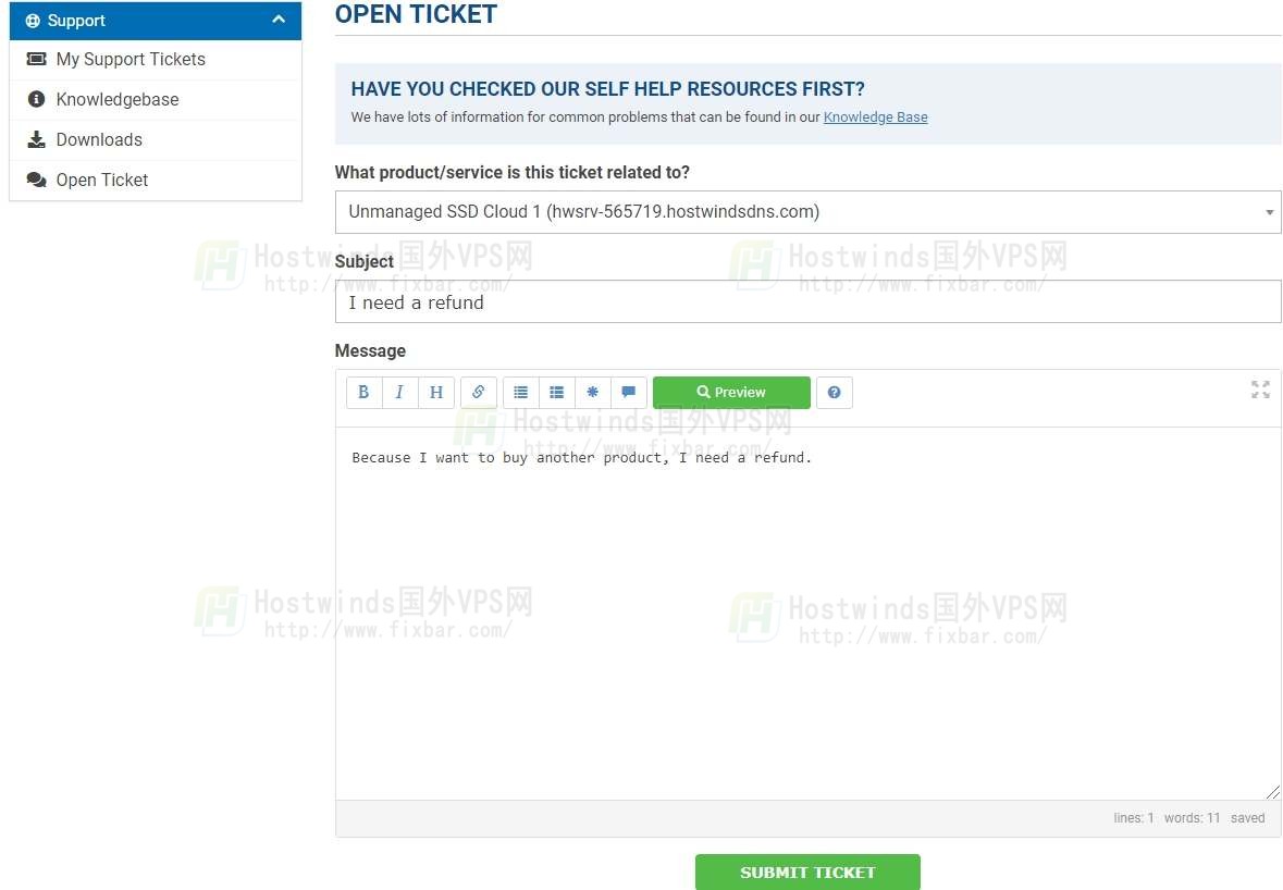 Hostwinds申请退款的后台截图